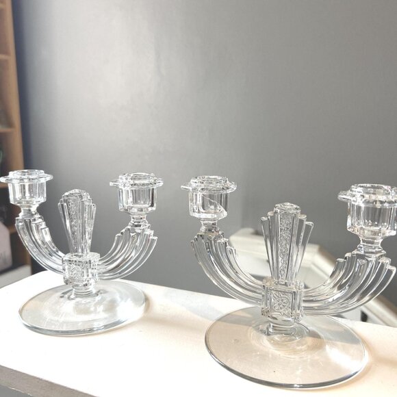 1930s Art Deco Glass Candle Holders Pair | Vintage Double-Arm Crystal Candelabra - Picture 7 of 7